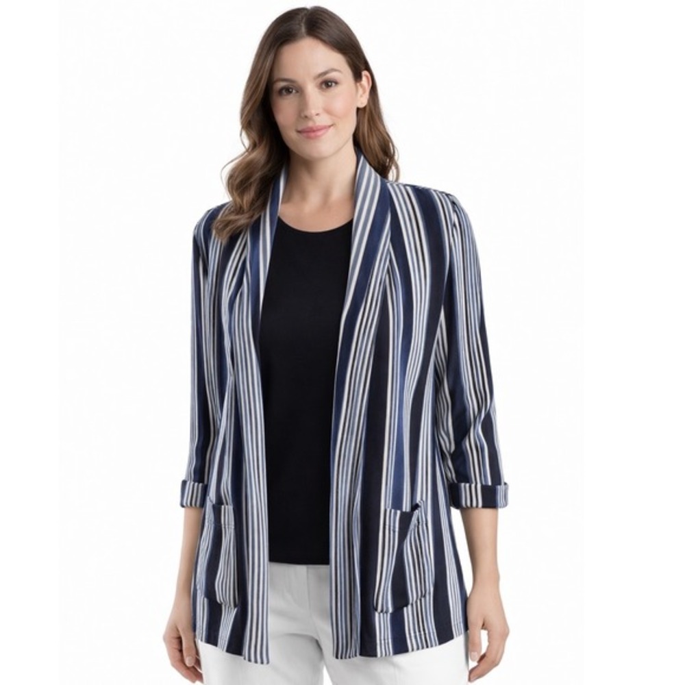 Amisu Women Navy Blue White Striped‎ Open Front Cardigan Blazer Jacket Size 10